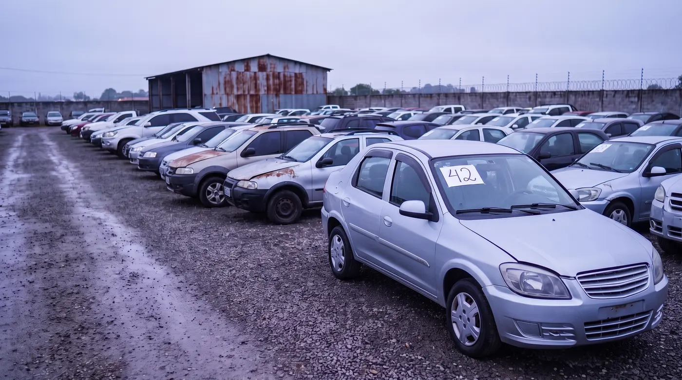 Pátio de leilão de veículos com carros enfileirados e etiqueta de lote no para-brisa